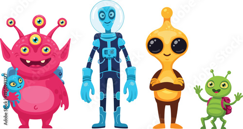 Cute Cartoon Alien and Astronaut Collection with Colorful Space Creatures and Fun Characters for Kids’ Space-Themed Designs