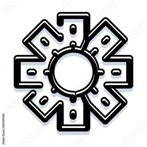 Abstract black and white illustration displaying a conceptual design, suggesting themes of medical alert, emergency services, and protective care within a clean, modern graphic style