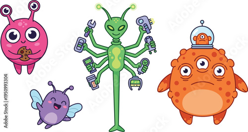 Cute Cartoon Aliens and Monsters Collection with Colorful Creatures, Flying Alien, and Space Explorers for Kids' Space and Adventure Designs