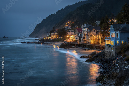 Night coastal town with illuminated houses along ocean shore at dusk, peaceful waves gently reflecting warm lights from buildings nestled against forested hillside