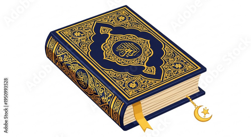 Islamic holy book quran with gold ornate design and blue cover