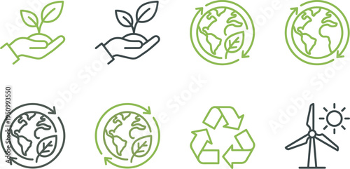 Eco sustainability and recycling icons set with green earth renewable energy wind turbine vector collection