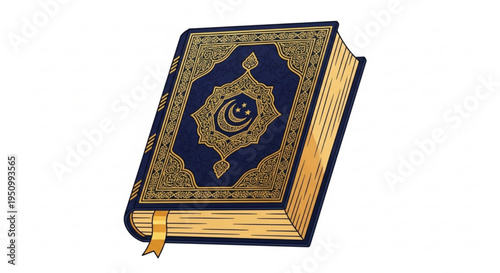 Ancient islamic holy book with gold ornate design and dark blue cover on white background