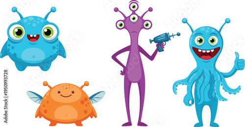 Cute Cartoon Alien and Monster Collection with Colorful, Friendly Aliens, and Fun Space Creatures for Kids' Space-Themed Designs