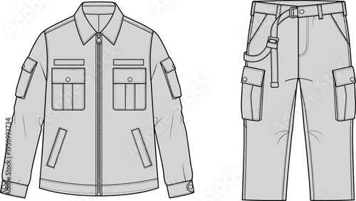 Cargo jacket and pants tactical clothing technical fashion drawing with utility pockets belt military style apparel vector template illustration