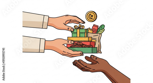 Person giving and receiving gifts and money symbolizing charity donation and kindness with a focus on generosity and helping others in need