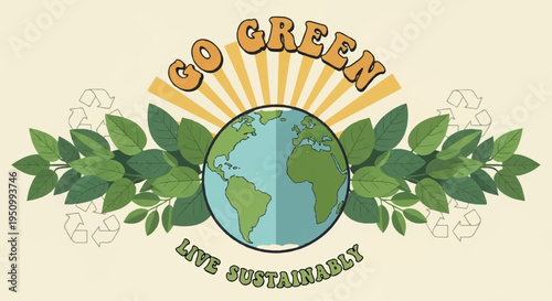 Eco friendly logo with globe green leaves and sun rays on beige background promoting sustainability