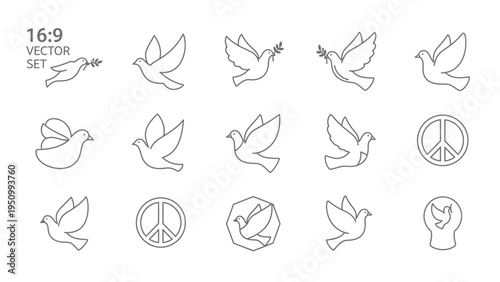 Set of 15 peace dove icons, outline signs and symbols of flying doves in simple linear style