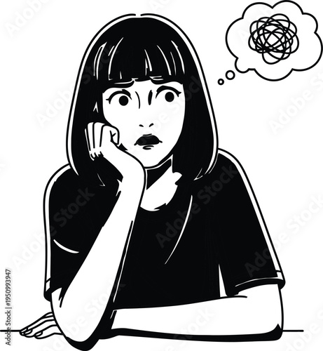 A cartoon woman with a puzzled expression and a tangled thought bubble