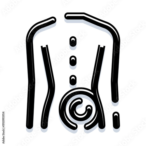 Human torso outline showing spinal column and circular internal organ, flat medical illustration symbolizing anatomy, back health, posture, physiotherapy, chiropractic care and treatment