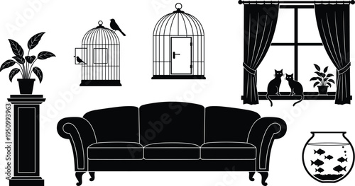 Living Room Interior Silhouette Set with Sofa Window Curtains Cats Bird Cage Plant and Fish Bowl Vector Illustration Home Decor Collection