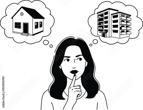 Woman contemplating between a house and an apartment