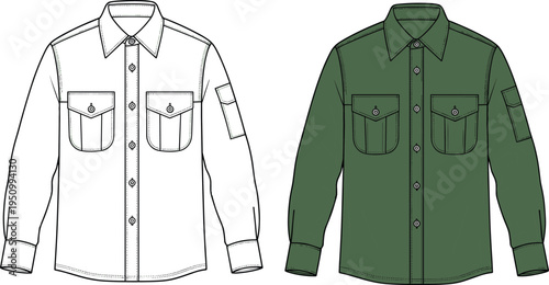 Men military utility shirt technical fashion drawing with flap pockets long sleeves tactical apparel clothing vector template illustration