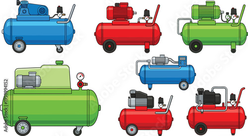 Air compressor machine collection, industrial portable compressor tanks with motor pump pressure gauge vector illustration set isolated