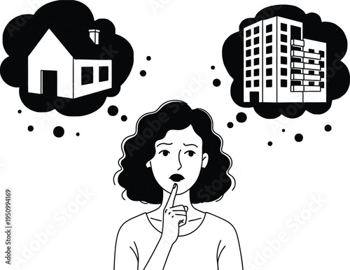 Woman contemplating between a house and an apartment