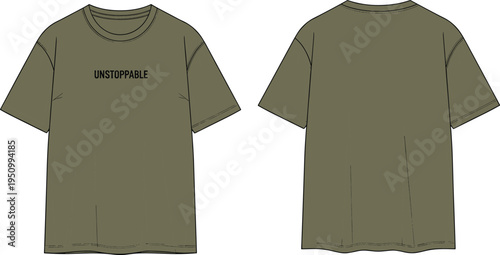 Men oversized t-shirt fashion flat sketch with typography print, front and back view apparel template mockup for streetwear clothing design and garment production