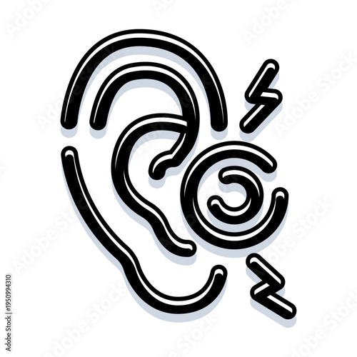 Stylized ear with a spiral and lightning bolts representing earache, tinnitus, pain, discomfort, hearing problems, infection or auditory symptoms for medical and health concepts