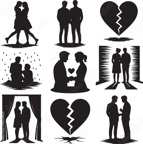 Silhouette illustrations of couples in various romantic relationships and heartbreak