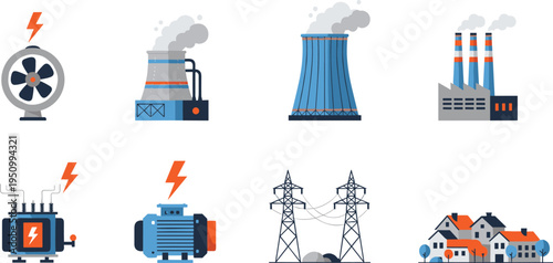Electric power generation and distribution icons set, energy plant transformer generator transmission towers and homes vector illustration