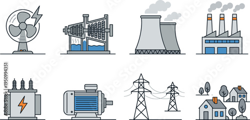 Electric power generation and distribution line icons, energy plant turbine transformer transmission towers and homes vector illustration