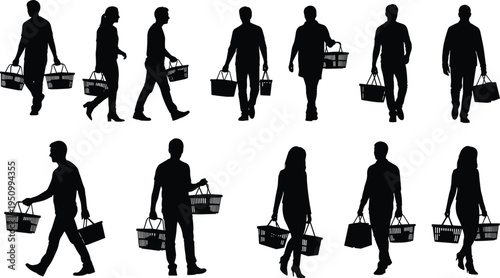 People Carrying Shopping Baskets Silhouette Set with Customers Walking and Holding Grocery Baskets, Retail and Supermarket Shopping Concept