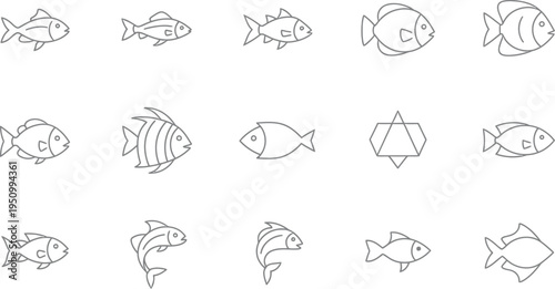 Minimal fish solid icon set, modern geometric fish shapes with filled white silhouettes