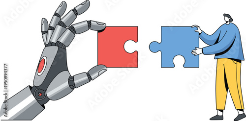 Human and robot collaboration puzzle concept, artificial intelligence teamwork solving problem together illustration, vector isolated background design