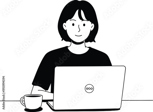 Woman sitting at a desk with a laptop and a cup of coffee