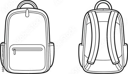 school backpack bag with front pocket and side pockets, technical cad drawing, flat vector illustration, front back view template