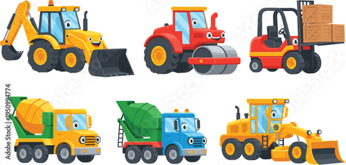 Cartoon Construction Vehicles Collection with Excavator, Roller, Forklift, Cement Mixer, and Bulldozer for Kids and Building Designs