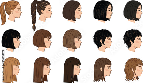 Women hairstyle collection, female haircut styles side view including braids bob bangs and ponytail vector illustration set isolated