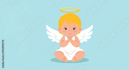 Vector illustration of a cute baby angel cherub with blonde hair, golden halo, and white wings, sitting and praying with folded hands, isolated on a light blue background.