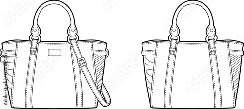 womens handbag purse with shoulder strap, technical fashion cad drawing, flat vector illustration, front back view accessory template