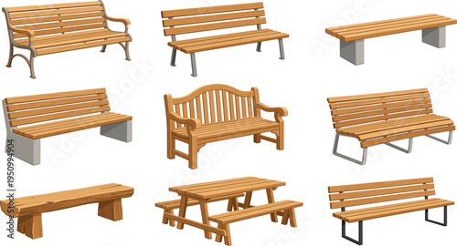 Wooden park bench collection set, outdoor garden seating furniture design, urban landscape street bench illustration vector