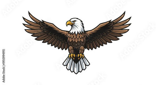 Vector illustration of a bald eagle with wings spread wide, featuring detailed brown feathers, a white head and tail, and yellow talons, isolated on a white background.