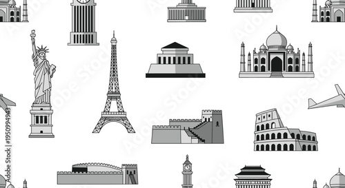 Monochrome World Landmarks Collection with Statue of Liberty, Eiffel Tower, Taj Mahal, Colosseum, and Historical Monuments for Travel and Exploration Designs