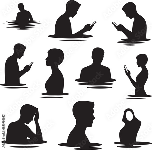 silhouettes of people with mobile phones in water