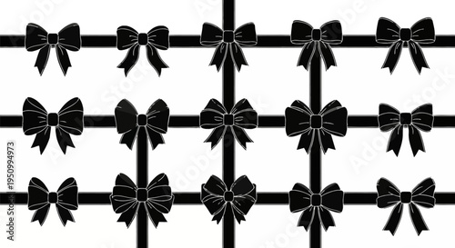 Collection of black bow ribbon silhouettes arranged in a grid with horizontal and vertical bands on a white background. Decorative gift knot designs, vector glyphs, and icons.