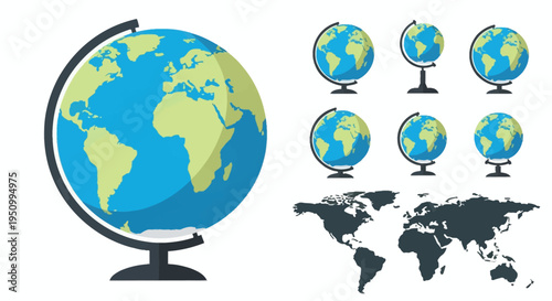Set of vector earth globe icons on stands showing different hemispheres and continents including Africa Europe and Americas alongside a flat world map silhouette on white.