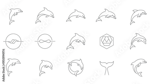 Dolphin line art logo collection with jumping sea mammals and ocean symbols