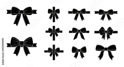 Collection of black ribbon bow vector icons and silhouettes on white background featuring gift wrap knots with horizontal and vertical bands for present decoration and card design.