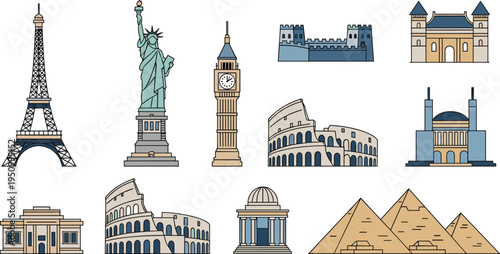 Famous World Landmarks Collection with Eiffel Tower, Statue of Liberty, Big Ben, Colosseum, and Pyramids for Travel and Exploration Designs