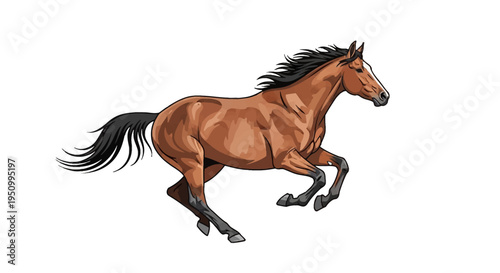 Vector illustration of a powerful brown bay horse galloping and jumping in mid-air with a flowing black mane and tail, isolated on a solid white background for graphic design.