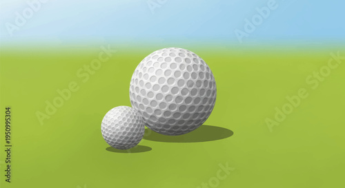 Detailed vector illustration of two white dimpled golf balls of varying sizes positioned on a vibrant green fairway under a clear gradient blue sky with realistic soft shadows.