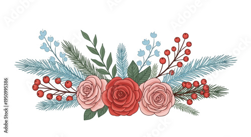 Hand-drawn vector winter floral arrangement featuring red and pink roses, evergreen pine branches, red berries, and green leaves isolated on a white background for holiday design.