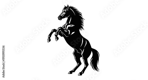 Black and white vector illustration of a powerful horse rearing on its hind legs, featuring detailed mane and tail, isolated on a white background for design use.