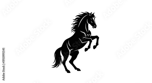Black silhouette of a muscular horse rearing on its hind legs isolated on white background. Stylized vector graphic of an equine stallion profile with flowing mane and long tail.