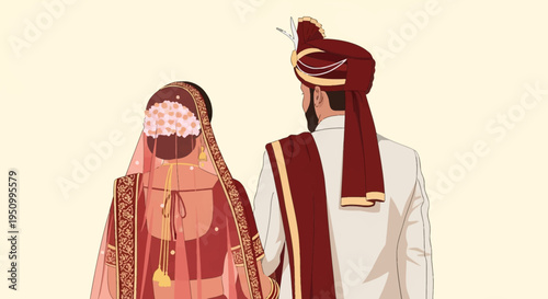 Rear view vector illustration of an Indian bride and groom in traditional wedding attire; bride in red lehenga with floral gajra, groom in white sherwani and maroon turban.