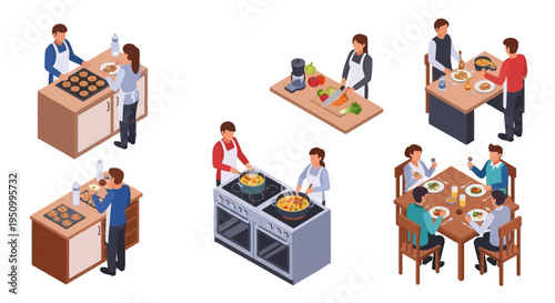 Isometric vector illustration set of people cooking in a kitchen, baking cookies on a tray, chopping fresh vegetables, boiling soup on a stove, and eating a meal together at a dining table.