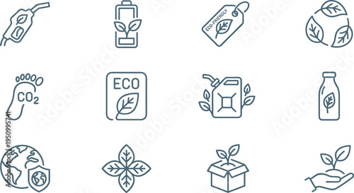 Eco friendly sustainability line icons set with biodegradable packaging carbon footprint recycling green fuel environmental vector collection